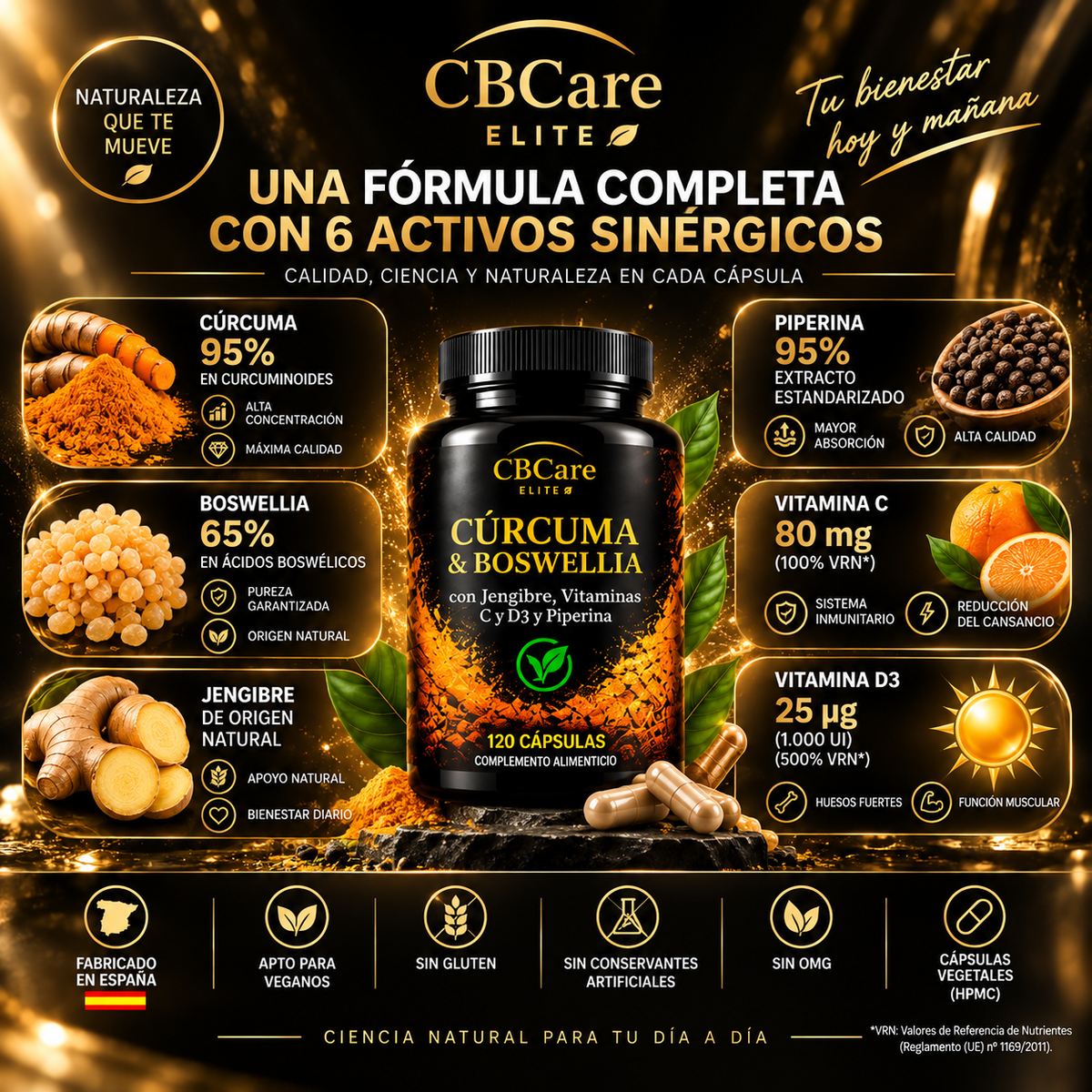 Cúrcuma + Boswellia con Jengibre, Vitaminas y Piperina