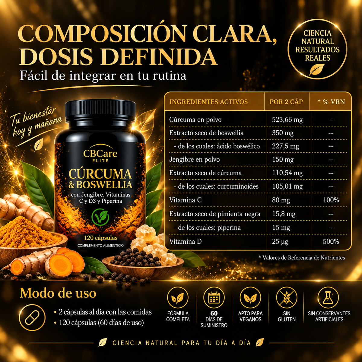 Cúrcuma + Boswellia con Jengibre, Vitaminas y Piperina