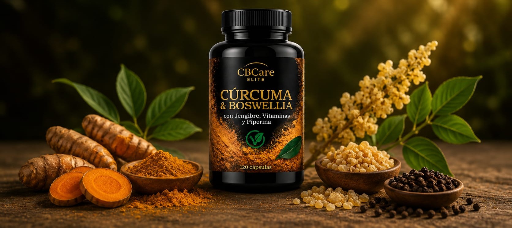 Complemento alimenticio de cúrcuma y boswellia CBCare Elite con jengibre, vitaminas C y D y piperina.